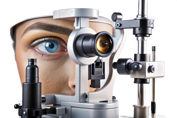 Realistic slit lamp examination of the human eye close-up medical equipment photography transparent background