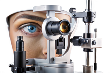 Realistic slit lamp examination of the human eye close-up medical equipment photography transparent background