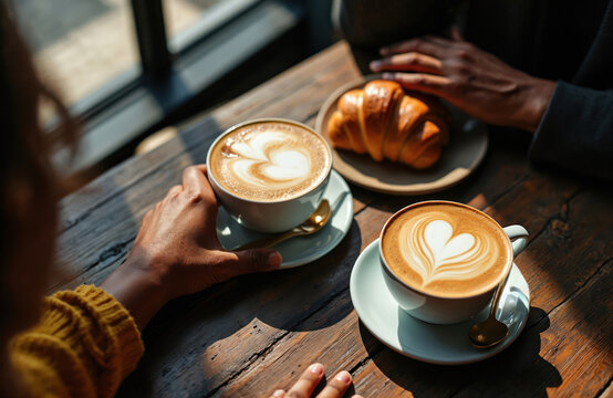 African American couple enjoys coffee and croissant at cafe table. Hands visible holding latte art cups and near pastry. Represents relationships, leisure, and morning breakfast.
