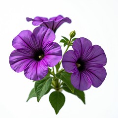 Obraz premium Vibrant purple petunia flowers with delicate petals and dark centers bloom against clean white background. Single bud and green leaves complement display of summer flora, perfect for gardening themes.