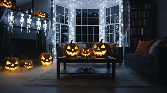 background hellowen, Spooky Halloween Decorated Living Room with Jack-o-Lanterns and Fog Effect Nighttime
