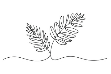 Minimalist single line drawing of two delicate fern fronds emerging from a wavy ground line on a white background © StockSynergy