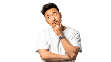 Man with hand on chin looking up with question marks above head, cut out transparent