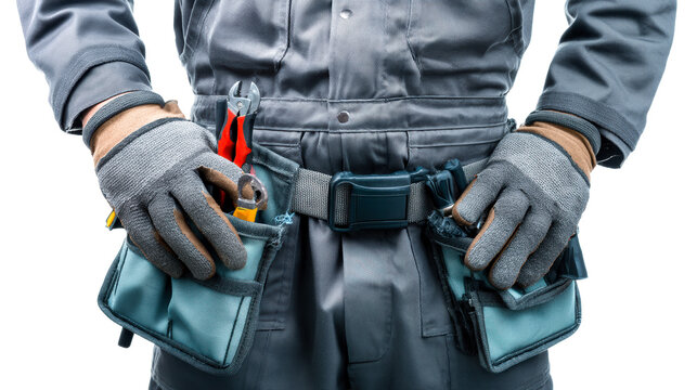 Tradesperson wearing work trousers and utility belt with tools, cut out transparent
