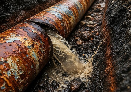 Damaged rusty pipe leaking water in dirty soil