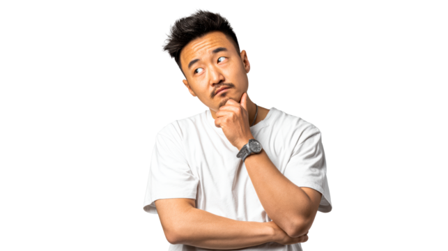 Man with hand on chin looking up with question marks above head, cut out transparent