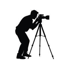 Silhouette of a photographer operating camera on tripod, ready to take photo, photographer using camera on tripod silhouette vector illustration