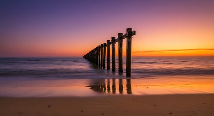 Wooden posts at sunrise beach