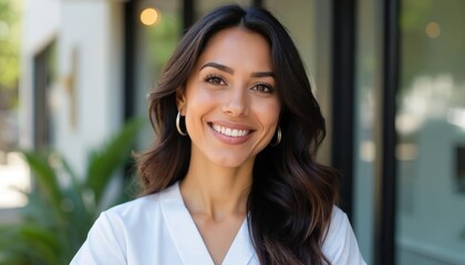Smiling Latina woman, skincare clinic owner, stands confidently outdoors. Her pro portrait shows a healthy, radiant face with a warm smile, conveying trust and expertise in beauty treatments.