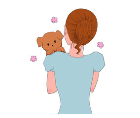 犬を抱っこする女性の後ろ姿 イラスト