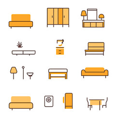 Flat minimalist vector icons of modern interior furniture and home decor elements including sofas, cabinets, lamps, table, sink, and plant in warm orange and brown tones on white background