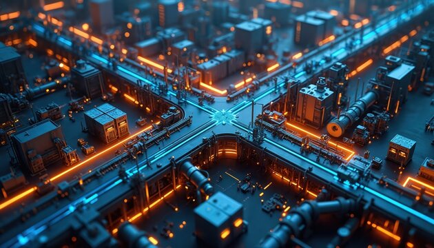 Aerial view of smart factory with IoT devices, automated systems, digitized manufacturing. Features glowing blue, orange lines connecting industrial buildings, machinery. Represents futuristic - Powered by Adobe