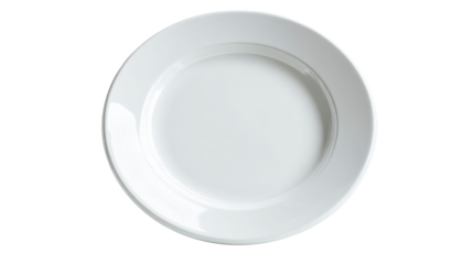 Empty white round ceramic plate on a clean white background, cut out transparent