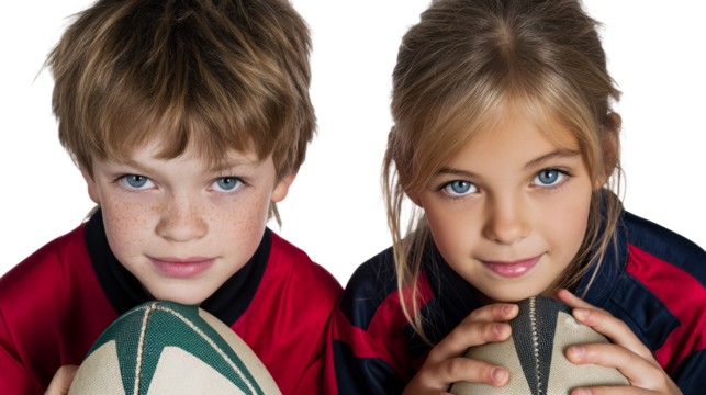 Two young children wearing sports jerseys holding rugby balls with a white background, cut out transparent