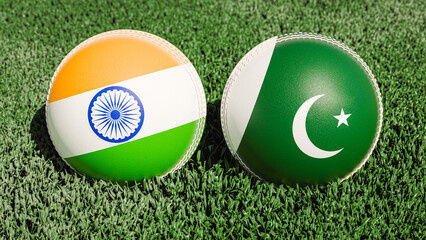 Two cricket balls featuring the flags of India and Pakistan, on a grassy field