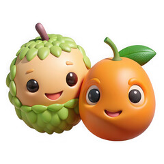 Cute cartoon soursop and orange characters smiling together isolated on transparent background
