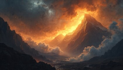 Dramatic mountain landscape illuminated by fiery orange sunset sky. Jagged peaks pierce dramatic clouds, with a winding river valley below. Moody atmosphere with dark rocky foreground.