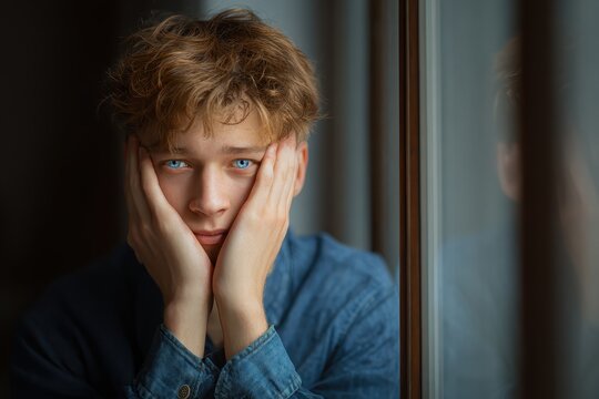 Pensive teenage boy with blue eyes rests his chin on his hands while gazing through a window in a dimly lit room