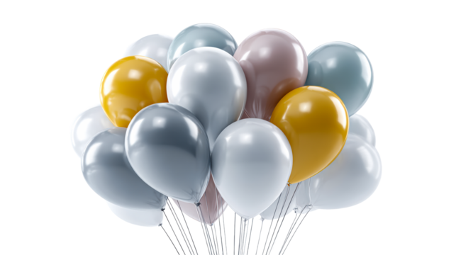 Collection of assorted metallic balloons floating against a clean white background, cut out transparent