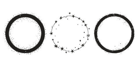 Set of three black circular frames with scattered stars, sparkles, and glitter texture borders in minimalist flat vector style for decorative design elements and festive themes