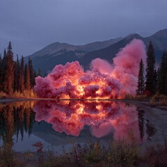 Fototapeta premium Lake Reflection with Colorful Smoke