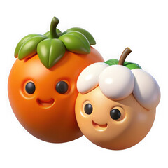 Two cute cartoon fruits with happy faces isolated on transparent background