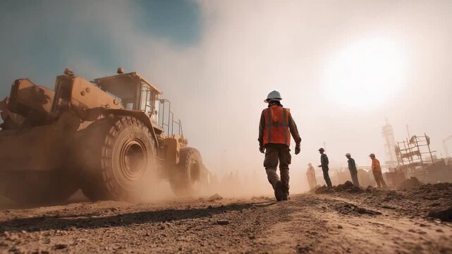 Ambition on the Horizon: A construction worker walks confidently towards a heavy machinery on a construction site, as the sun blazes behind the hard-working staff