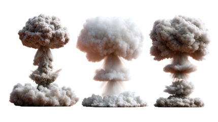Three Mushroom Clouds From Nuclear Explosions With Detailed Smoke Texture, cut out transparent