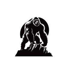 Fototapeta premium A powerful gorilla silhouette stands atop a rocky outcrop, showcasing strength. The circular background suggests sunset or sunrise, enhancing the dramatic effect of the scene.