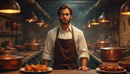 Confident chef in rustic kitchen with copper pots. Male cook presents roasted food, possibly 18th or 19th century style. Dark, moody atmosphere highlights culinary skills and gourmet meal preparation.