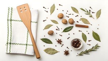 Culinary ingredients and wooden spatula arranged on white surface