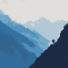 A climber scales a steep mountain amidst majestic blue-tinted peaks under a clear sky. The scene captures the essence of adventure and determination in nature's beauty.