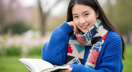 Young Asian woman with long straight hair smiling shyly, sitting on grass with open books, wearing cobalt blue knit sweater and patterned wool scarf