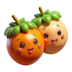 Two cute cartoon persimmons with happy faces isolated on transparent background
