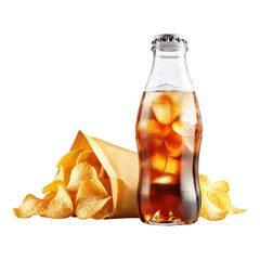 Mini glass soda bottle with ice and vintage potato chips bag, refreshing and nostalgic snack combination, isolated on transparency background, clear and crisp image