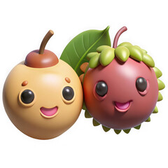 Cute cartoon fruits with happy faces isolated on transparent background