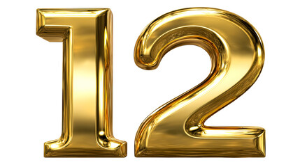 Shiny Gold Number Twelve Symbol Isolated on White Background, cut out transparent