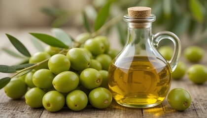 Fresh green olives next to a lovely glass bottle of olive oil.