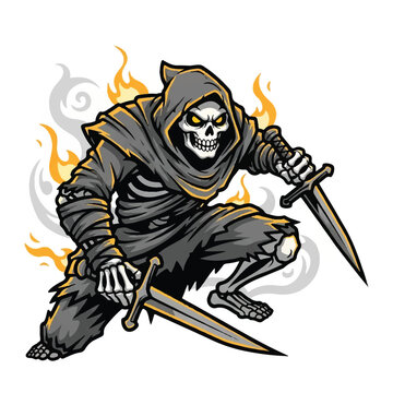 A menacing skeleton warrior in a dark cloak, wielding daggers, surrounded by flames.