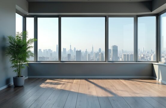 Modern empty apartment interior featuring polished wood floors, large windows with panoramic city skyline view. Sunlight streams in, casting shadows across spacious, blank room, minimalist decor, - Powered by Adobe