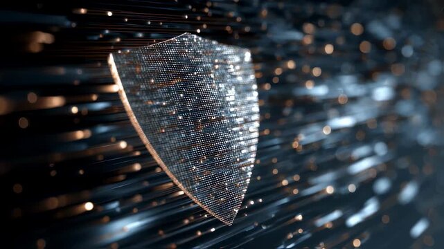 Focused medium shot of a dynamic shield surrounded by softfocus floating data bits portraying layered protection in digital environments.