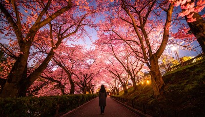 Obraz premium Illuminated Cherry Blossom Path at Twilight with a Solitary Figure