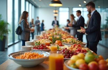Office event buffet with diverse food selection. Professionals network and dine in a modern conference space. Business meeting includes catering with fruits, snacks, and drinks for colleagues.