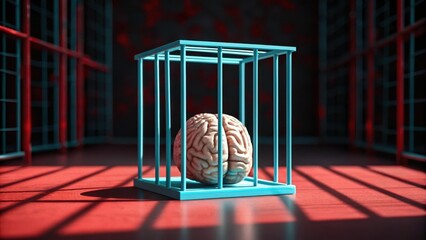 Human brain trapped inside a metal cage in a dark room symbolizing mental confinement