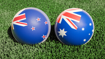 Two cricket balls featuring the flags of New Zealand and Australia, on a grassy field