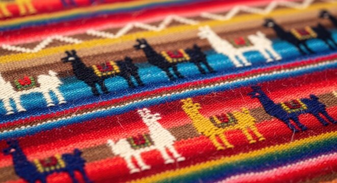 Colorful Peruvian Textile Fabric with Llama Pattern, Traditional Andean Blanket