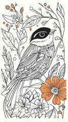 Naklejka premium Intricate line art of small bird perched on branch surrounded by blooming flowers and leaves with selective orange accents for coloring page or antistress art design