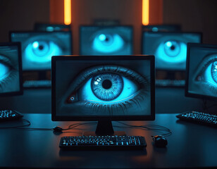 Multiple computer screens display large, blue eye in dark room, Big Brothers surveillance, total control. Ai-generated image represents pervasive watchfulness of modern technology, potential loss of