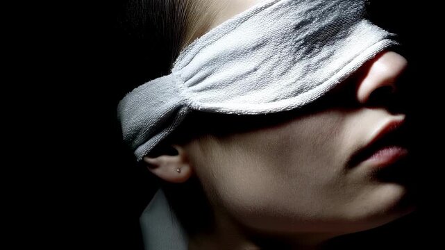 Close medium shot of someone resting with a cold compress mask over eyes isolated in darkness illustrating relief from chronic screeninduced headache discomfort.