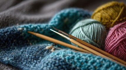 Handmade knitting in progress with soft, colorful yarn skeins and bamboo needles on a warm textile